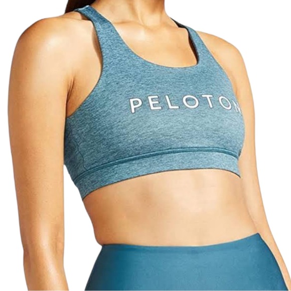 NEW Peloton Heathered Teal Blue Cutout Strappy Stretch Logo Sports Bra Size S - Picture 6 of 12